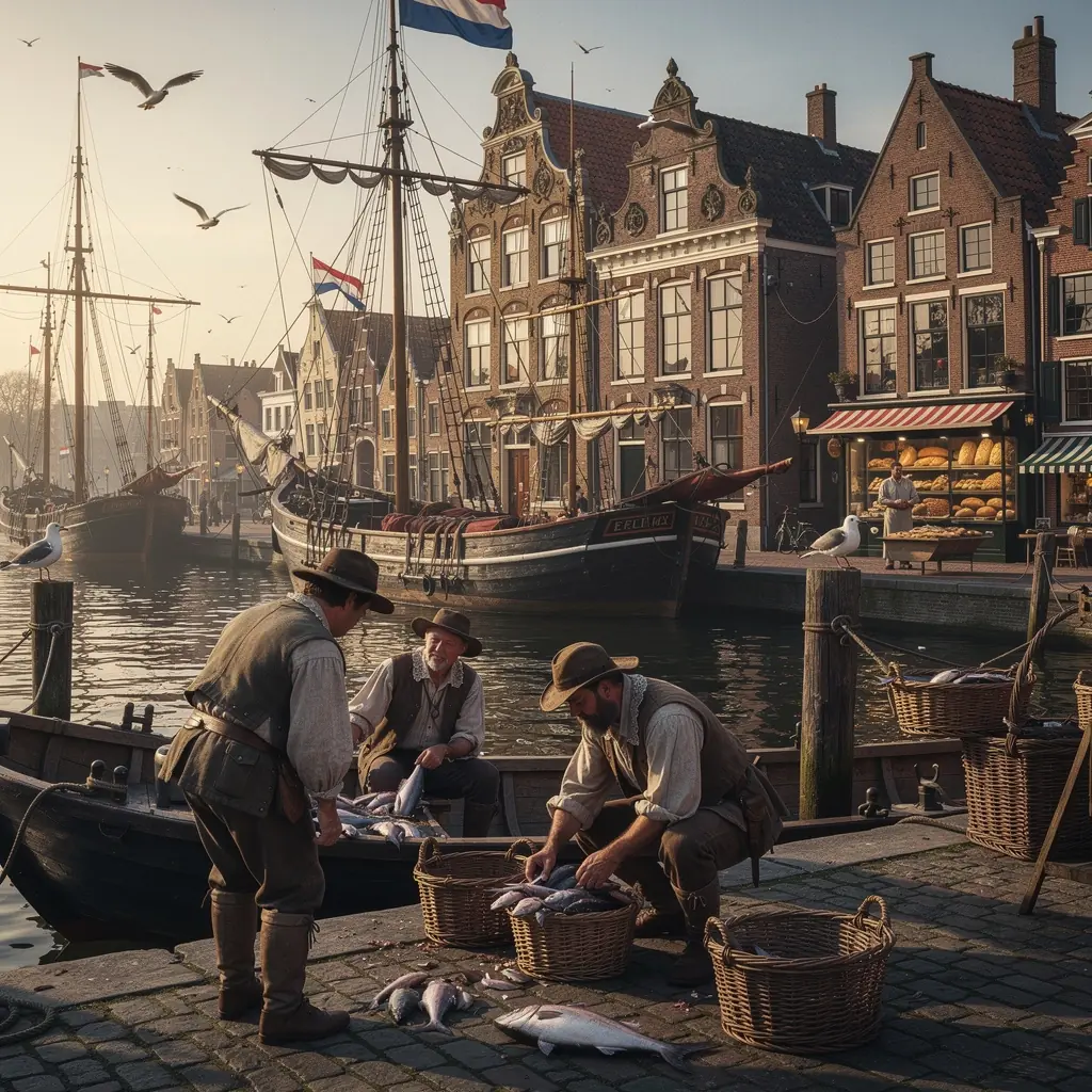 Een gedetailleerde close-up van een VOC-schip met zeilen die wapperen in de wind.