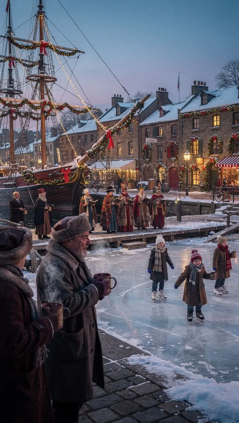 Een sfeervolle afbeelding van de haven bij zonsondergang, met silhouetten van oude schepen.